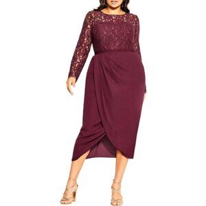 City Chic Elegant Lace Tulip Hem Midi Cocktail Dress Bordeaux Size L/20 NWT